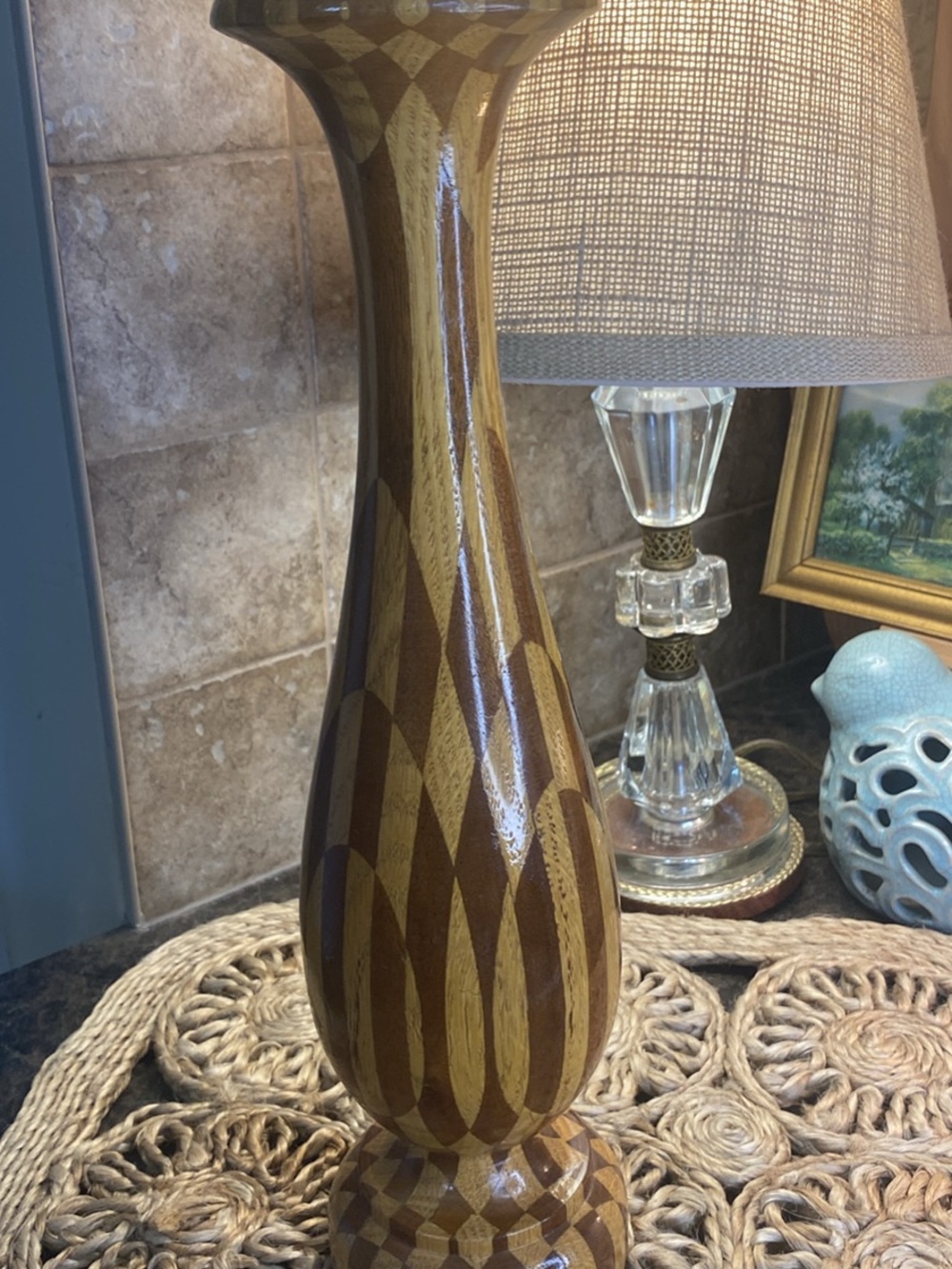 Wood Inlay Decorative Table Vase - Brown & Tan